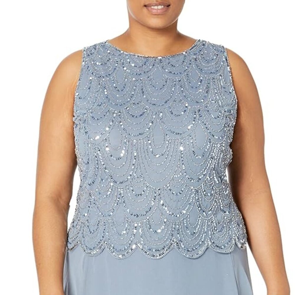 JKARA Beaded Scallop Hem Gown in Dusty Blue
